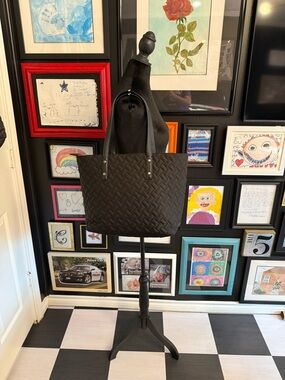 Cole Haan Quilted Black Tote Bag with Front Zip Pocket